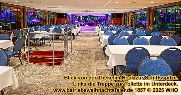 Schiffsweihnachtsfeier Frankfurt am Main: Blick von der Theke im Heck zur Schiffsspitze, links die Treppe zur Toilette im Unterdeck.